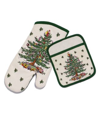 Spode Christmas Tree Ivory/Green Pot Holder Ovenmit Set