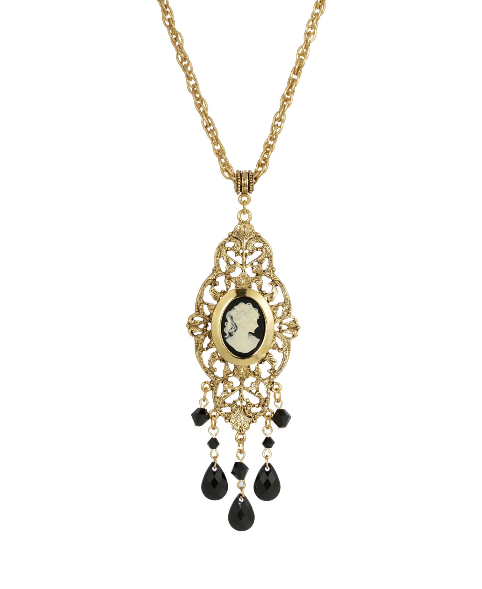 2028 Women's Gold Tone Black Oval Cameo Locket Necklace