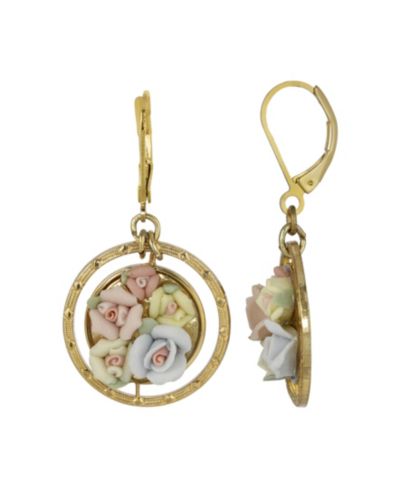 2028 Women's Gold Tone Yellow Porcelain Flower Round Drop Earring