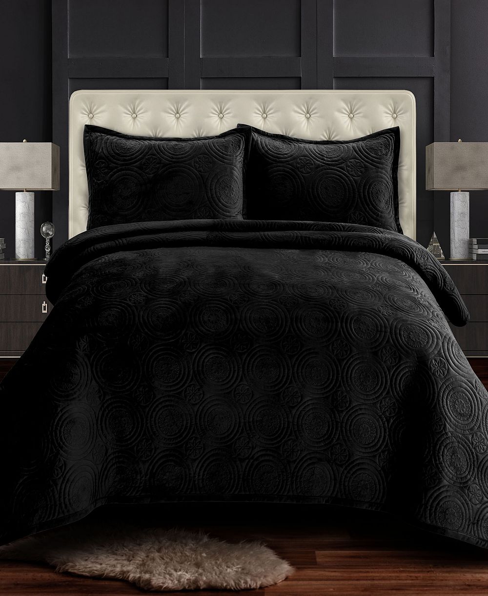 Tribeca Living Capri Medallion Velvet Oversized Solid 3 Piece Quilt Set, Queen