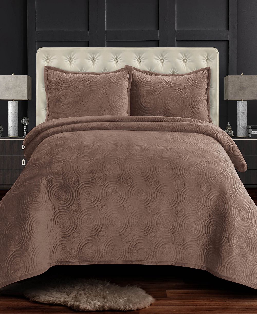 Tribeca Living Capri Medallion Velvet Oversized Solid 2 Piece Quilt Set, Twin