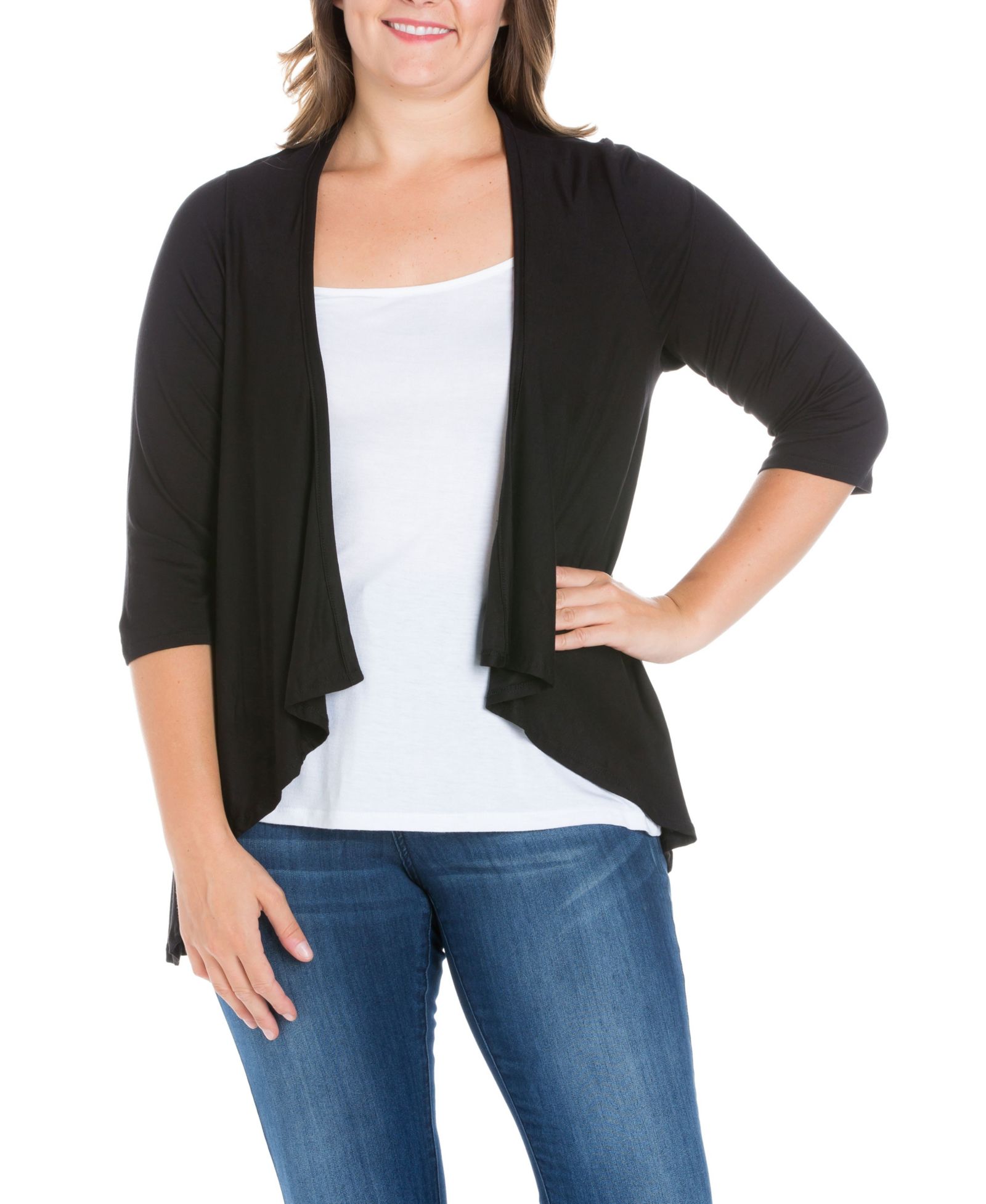 24seven Comfort Apparel Plus Size Elbow Length Sleeve Open Cardigan