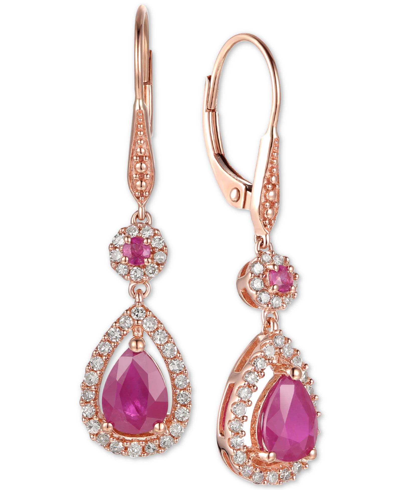 Серьги-подвески Ruby (1-5/8 ct. t.w.) и Diamond (1/3 ct. t.w.) Teardrop Halo в 14k Rose Gold