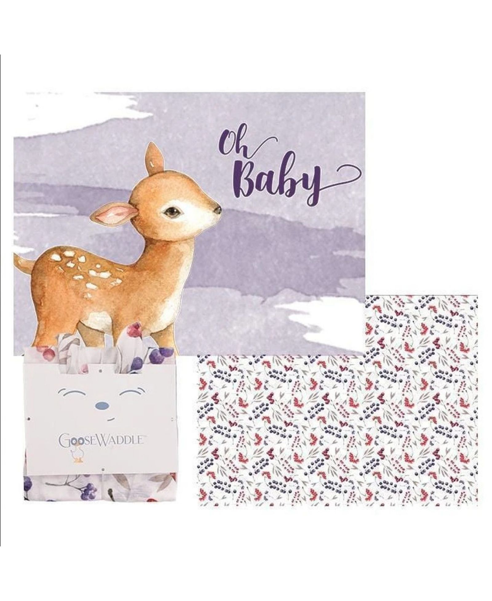 GooseWaddle 2 Pack Newborn Receiving Blanket Ginger Deer/Purple Berries