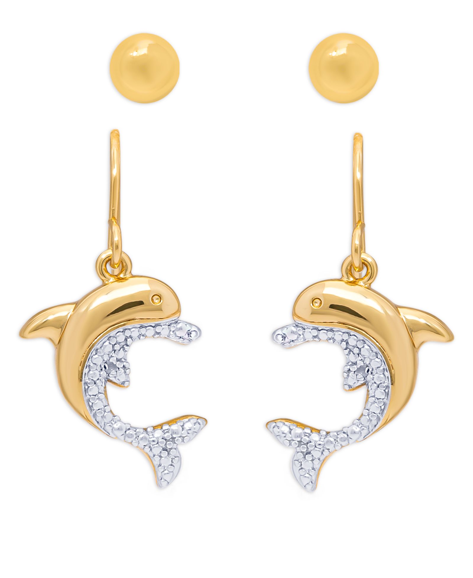 Набор серьев-гвоздиков Diamond Accent Dolphin Fishhook Ball Gold Plate или Silver Plate Stud Set
