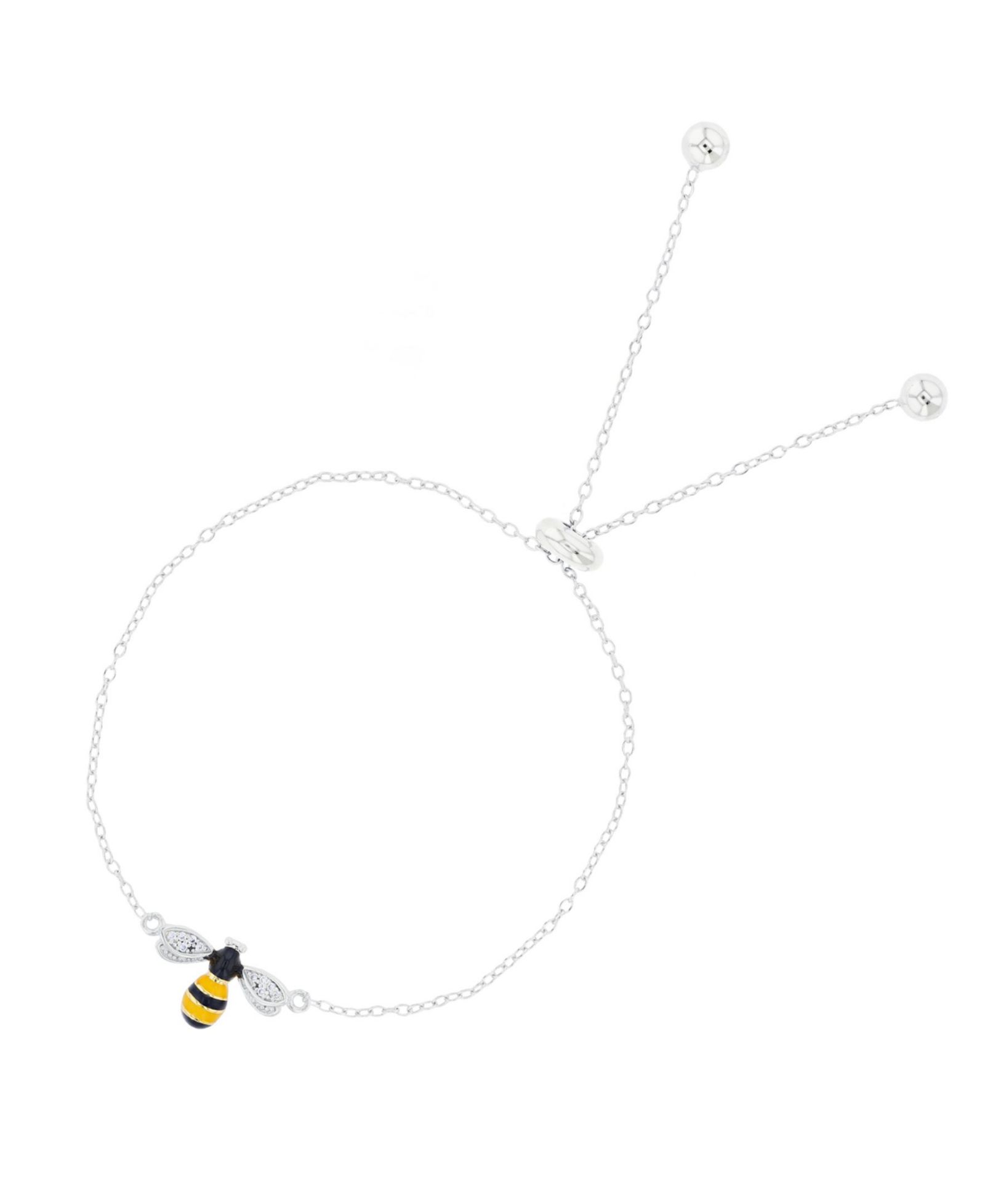 Cubic Zirconia Enamel Bee Adjustable Bolo Bracelet in Sterling Silver (Also in 14k Gold Over Silver)