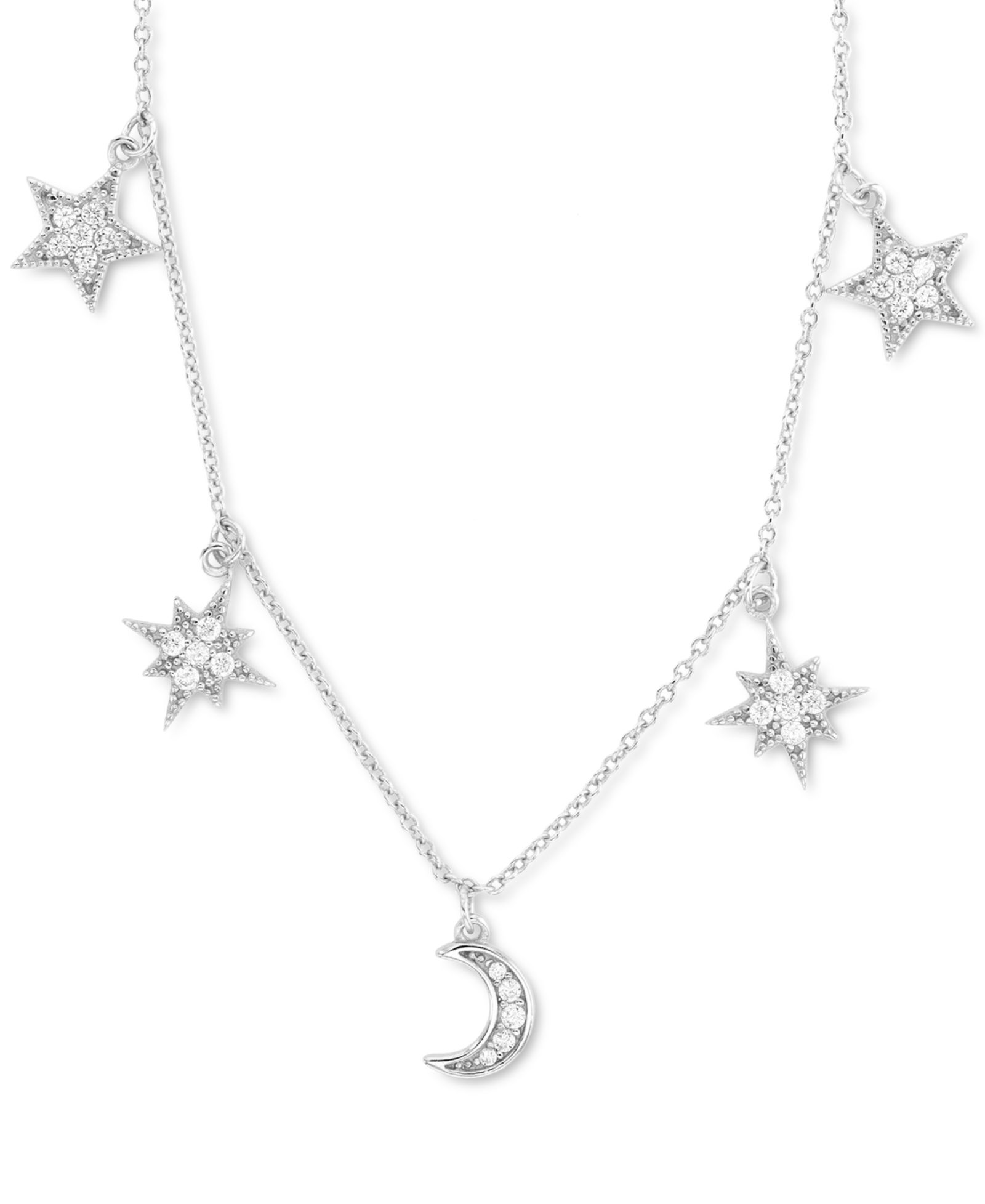 Cubic Zirconia Star & Moon Dangle Statement Necklace in Sterling Silver, 16" + 2" extender (Also in 14k Gold Over Silver)