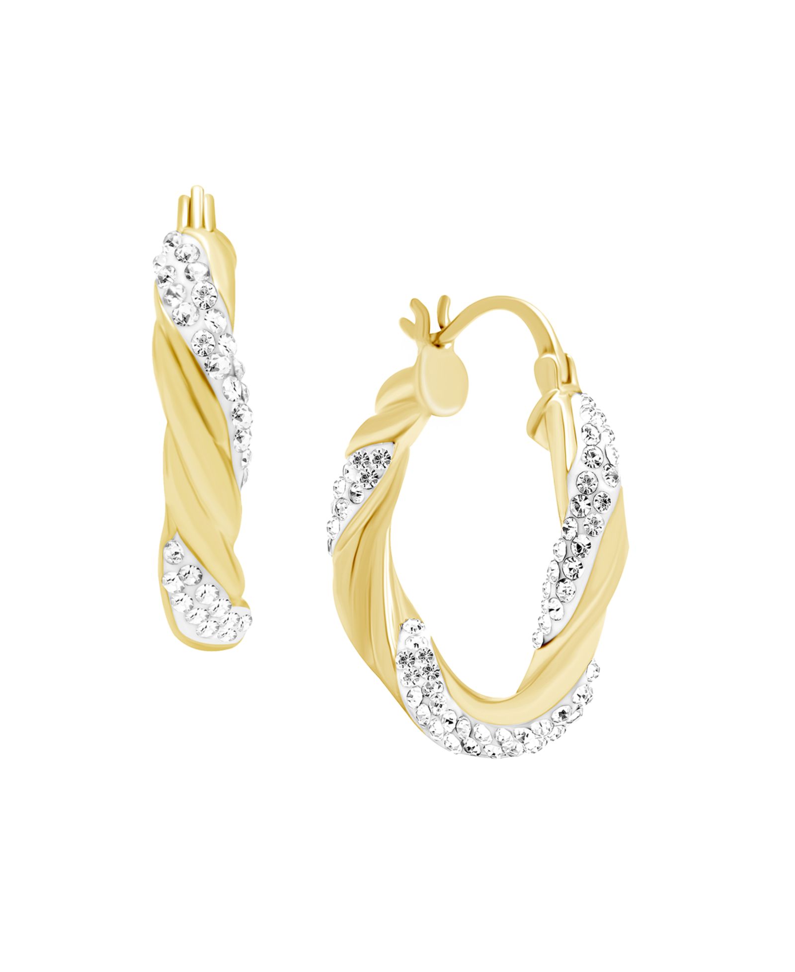 Clear Crystal Twisted Click Top Hoop Earring in Silver Plate or Gold Plate