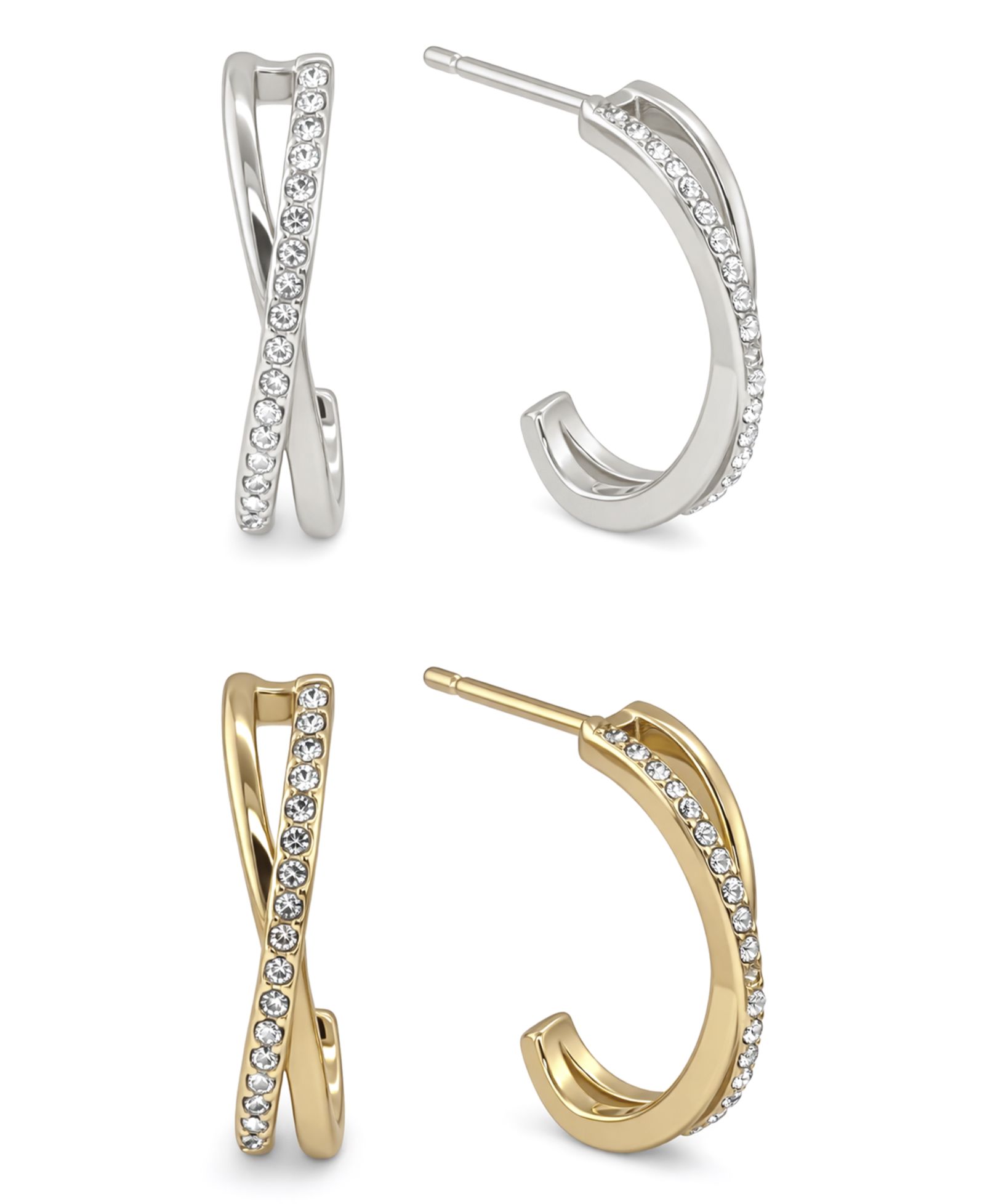Набор сережек-колец And Now This Clear Crystal Criss Cross, серебристое и золотистое напыление