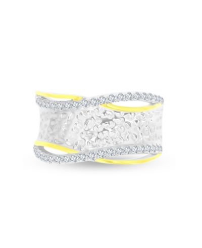 Кольцо с кубическим цирконием Two tone hammered criss cross