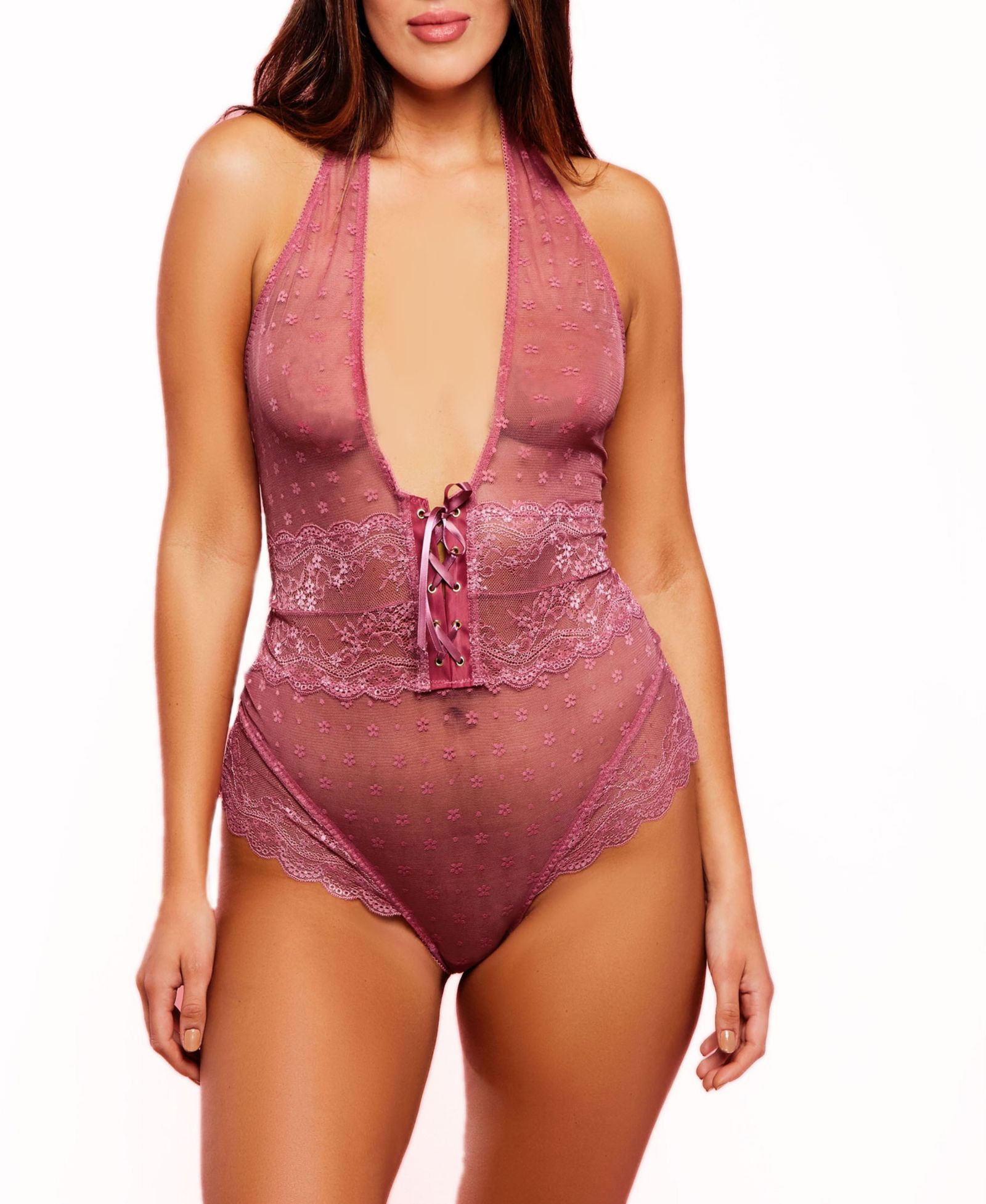 Женское кружевное боди Plus Size Halter One Piece Floral Dotted Mesh Teddy с бархатной шнуровкой