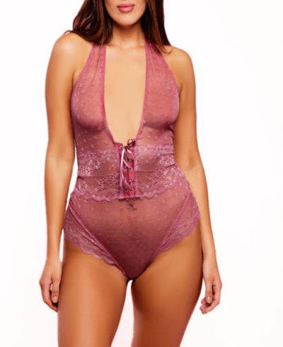 Женское кружевное боди Plus Size Halter One Piece Floral Dotted Mesh Teddy с бархатной шнуровкой
