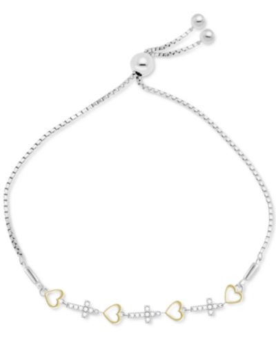 Diamond Heart & Cross Bolo Bracelet (1/6 ct. t.w.) in Sterling Silver & Gold-Plated Sterling Silver