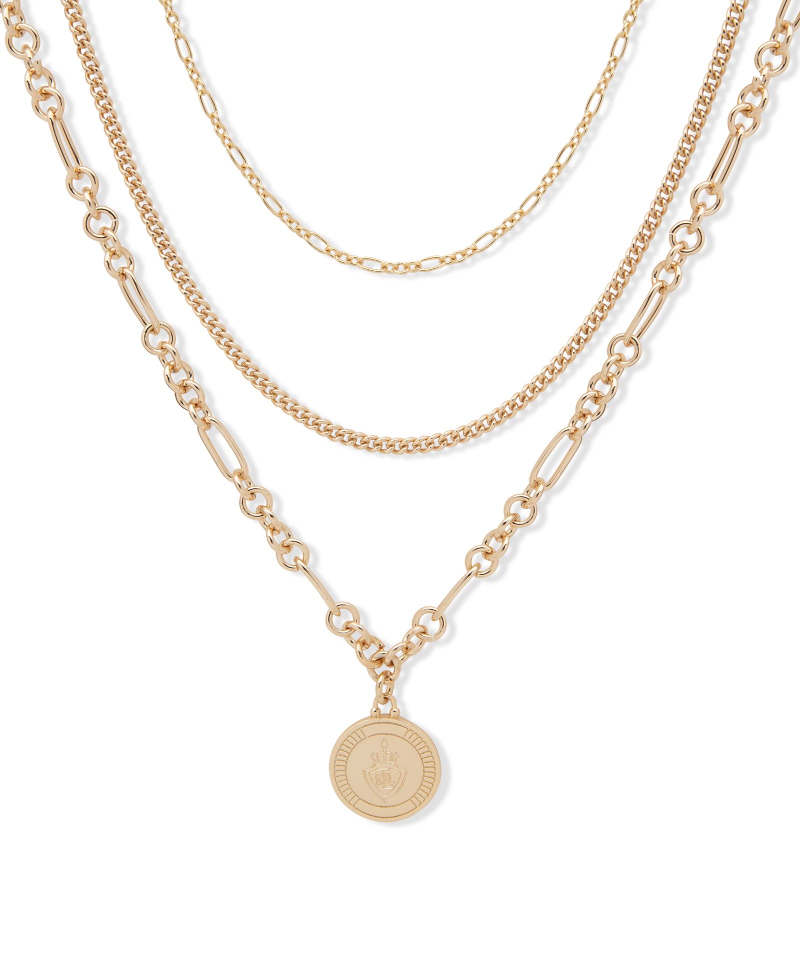 Lauren Ralph Lauren Gold-Tone Crest Layered Pendant Necklace, 16" + 3" extender