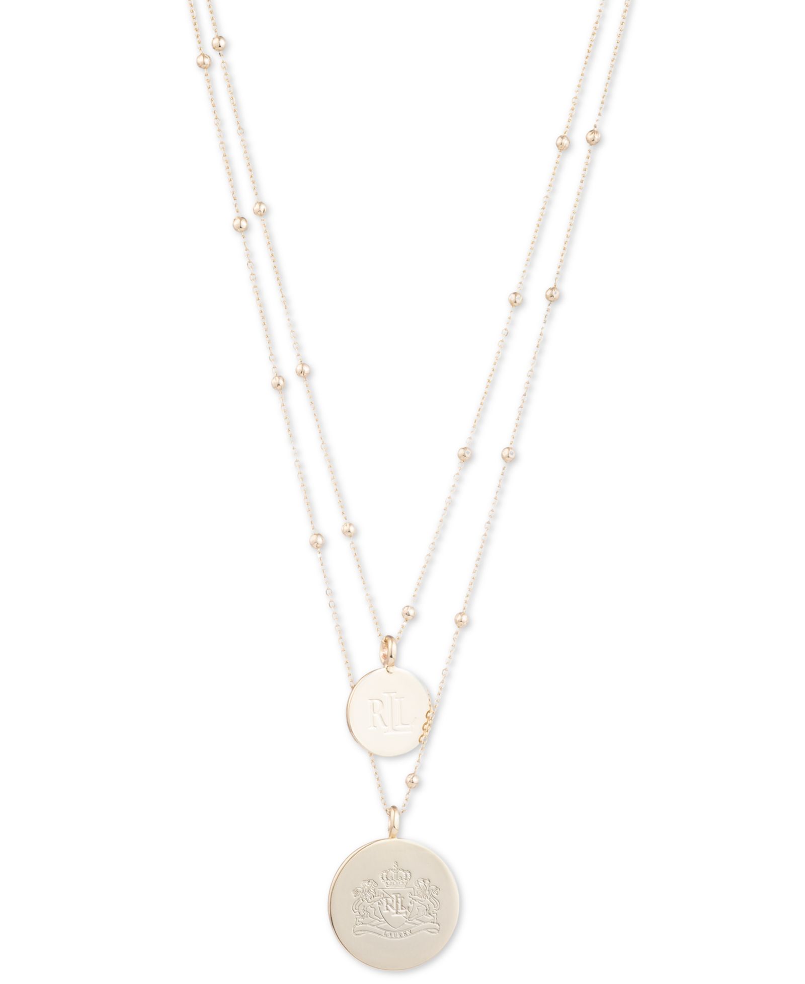 Lauren Ralph Lauren Gold-Tone Engraved Logo Two-Row Pendant Necklace, 16" + 3" extender