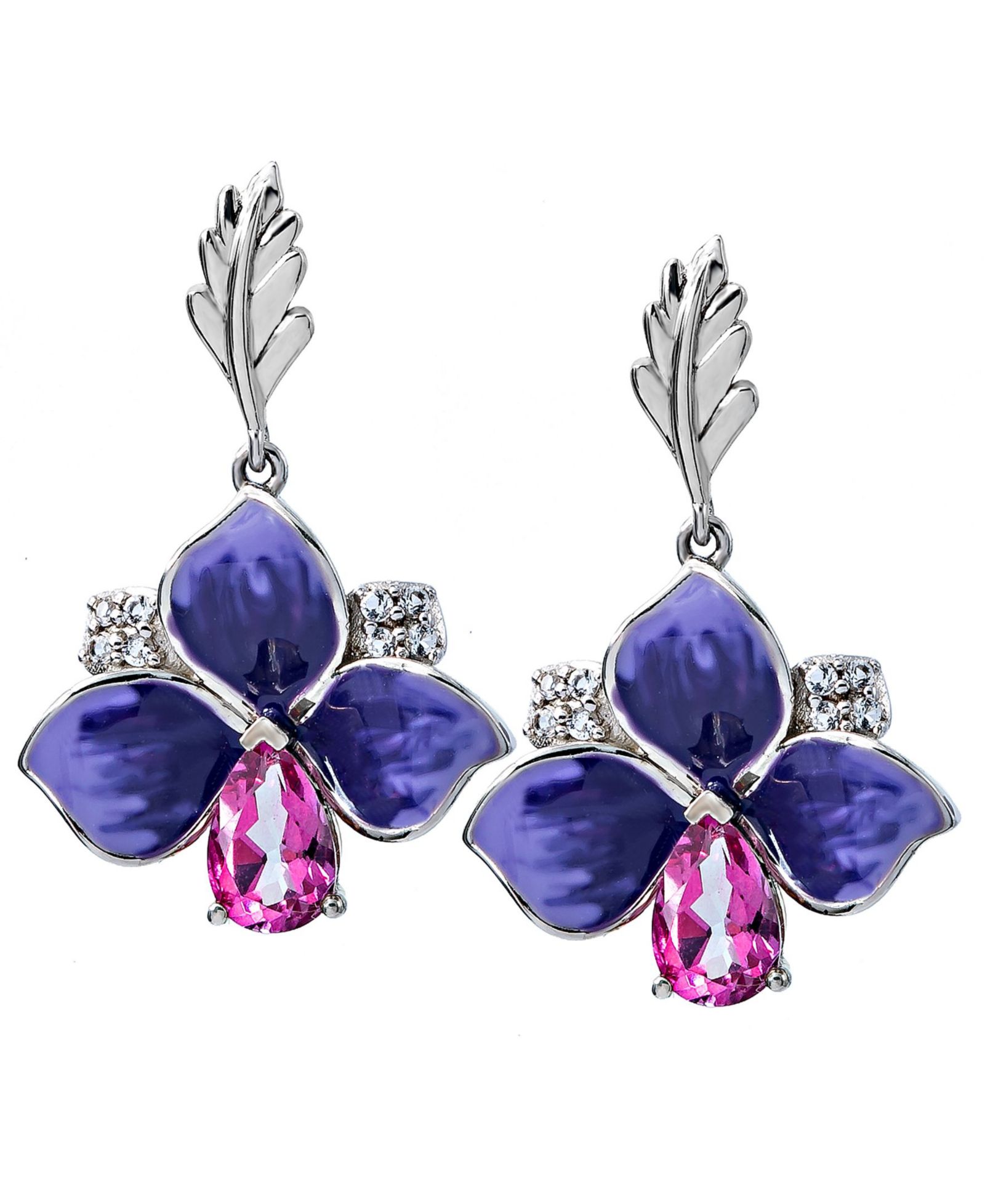 Pink Topaz (7/8 ct.t.w) and Enamel Flower Earrings in Sterling Silver
