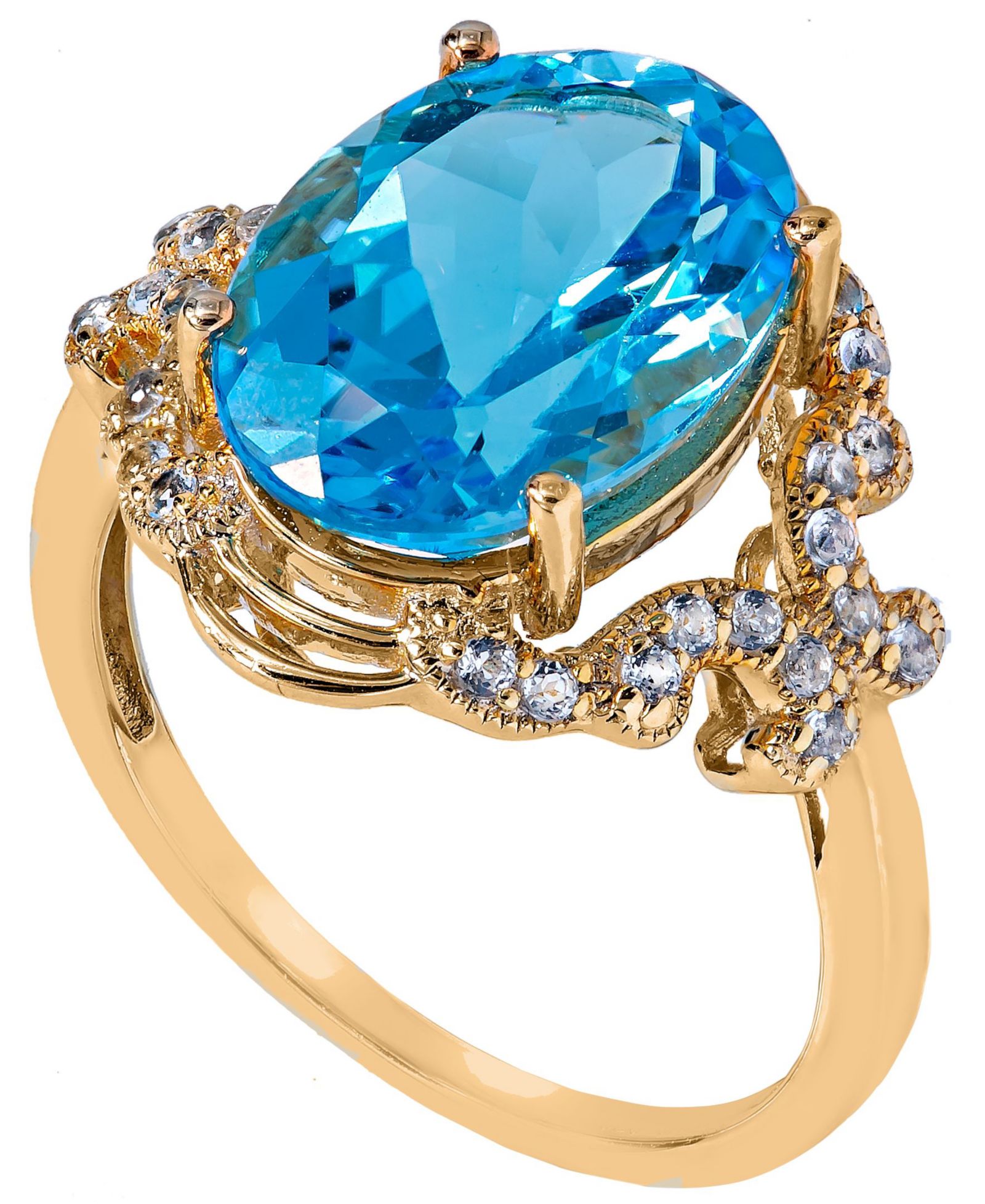 Кольцо с голубым топазом (7 ct. t.w) овальной формы, покрытие 14K Gold Plated на стерлинговом серебре