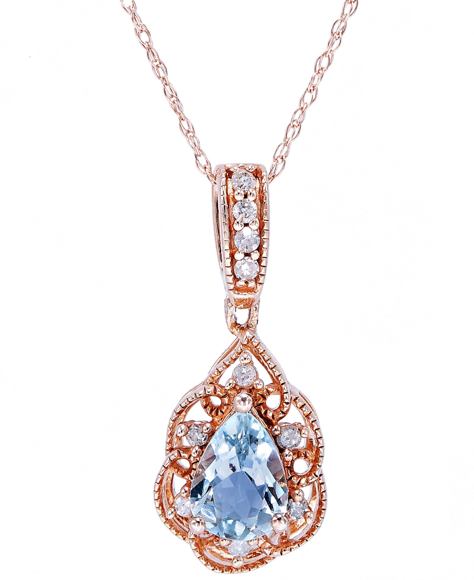 Подвеска кулон 18" Aquamarine (1/2 ct. t.w.) & Diamond (1/10 ct. t.w.) Teardrop в 14k Rose Gold-Plated Sterling Silver