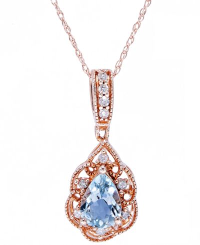 Подвеска кулон 18" Aquamarine (1/2 ct. t.w.) & Diamond (1/10 ct. t.w.) Teardrop в 14k Rose Gold-Plated Sterling Silver