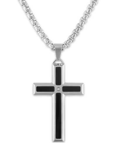 Men's Diamond Accent Black Enamel Cross 24" Pendant in Stainless Steel