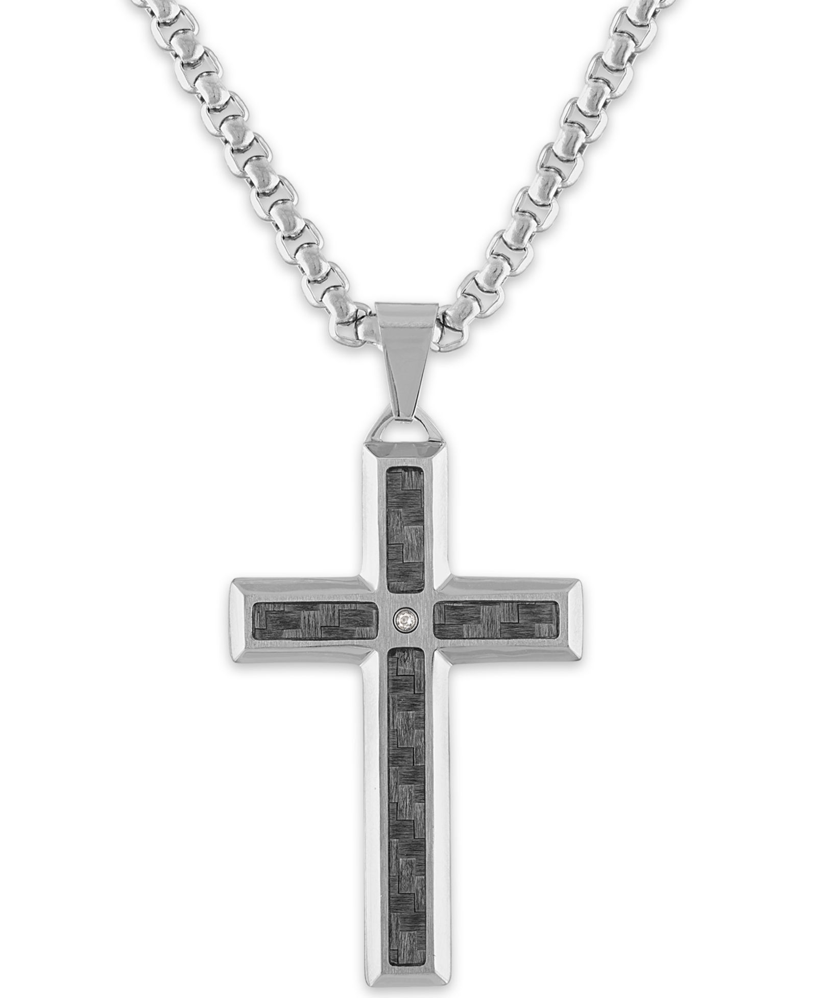 Мужская подвеска Macy's Diamond Accent Gray Carbon Fiber Cross 24" in Stainless Steel
