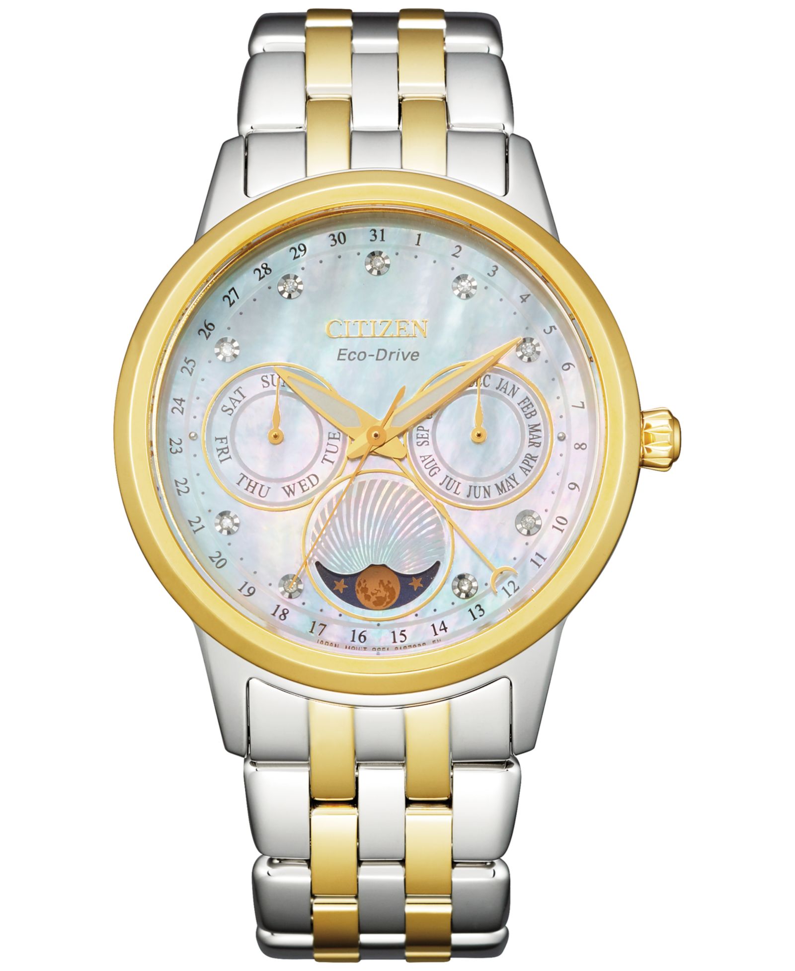 Citizen Женские наручные часы Eco-Drive Calendrier Diamond Accent Two-Tone Stainless Steel 37mm