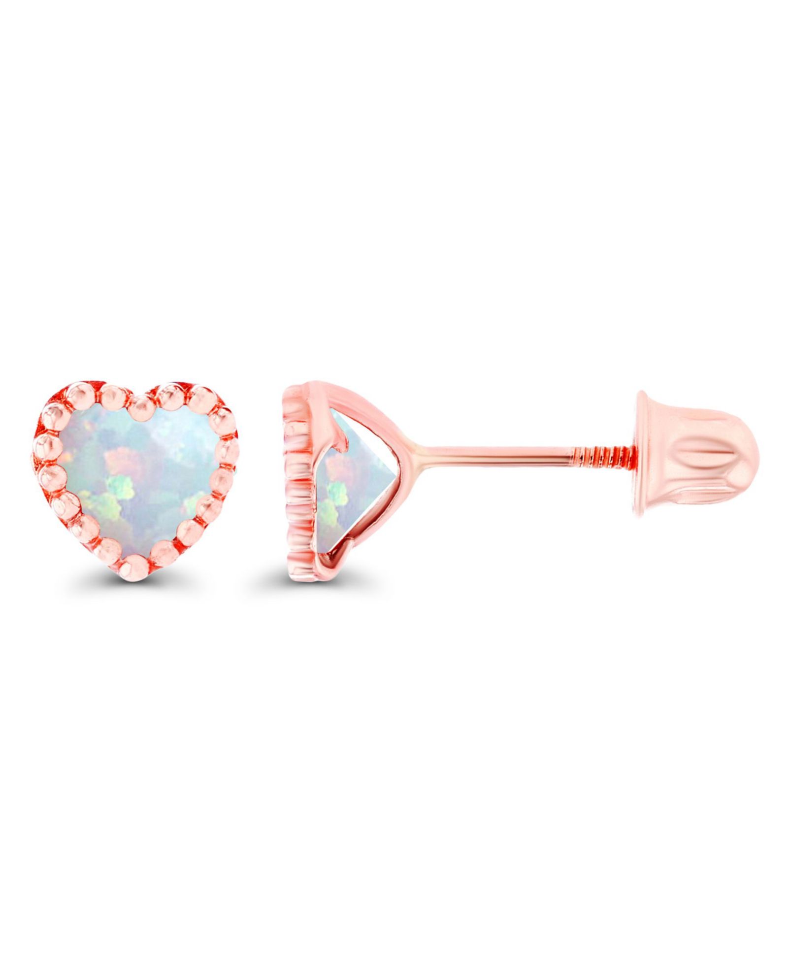 Created White Opal Heart Screwback Earrings in Sterling Silver (Also in 14k Rose Gold Over Silver or 14k Gold Over Silver)