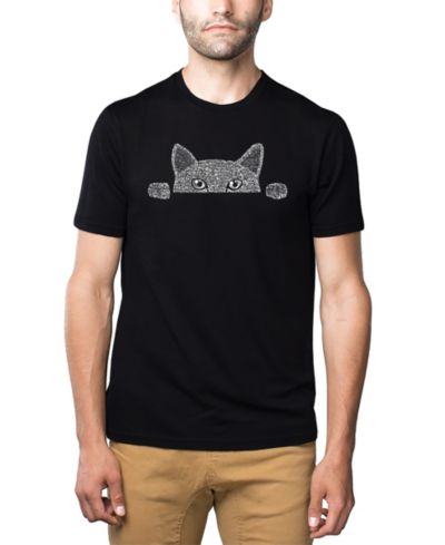 LA Pop Art Men's Cotton/Poly Blend Word Art T-Shirt - Peeking Cat