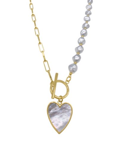 Imitation Pearl and Chain Heart Toggle Necklace