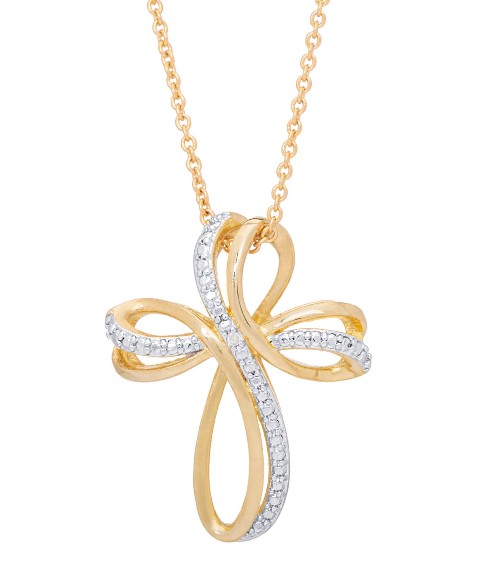 Two Tone Diamond Accent Ribbon Cross Pendant 18" Necklace