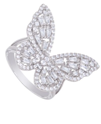 Кольцо-бабочка с камнями Cubic Zirconia Baguette и Round Stone в серебряном напылении
