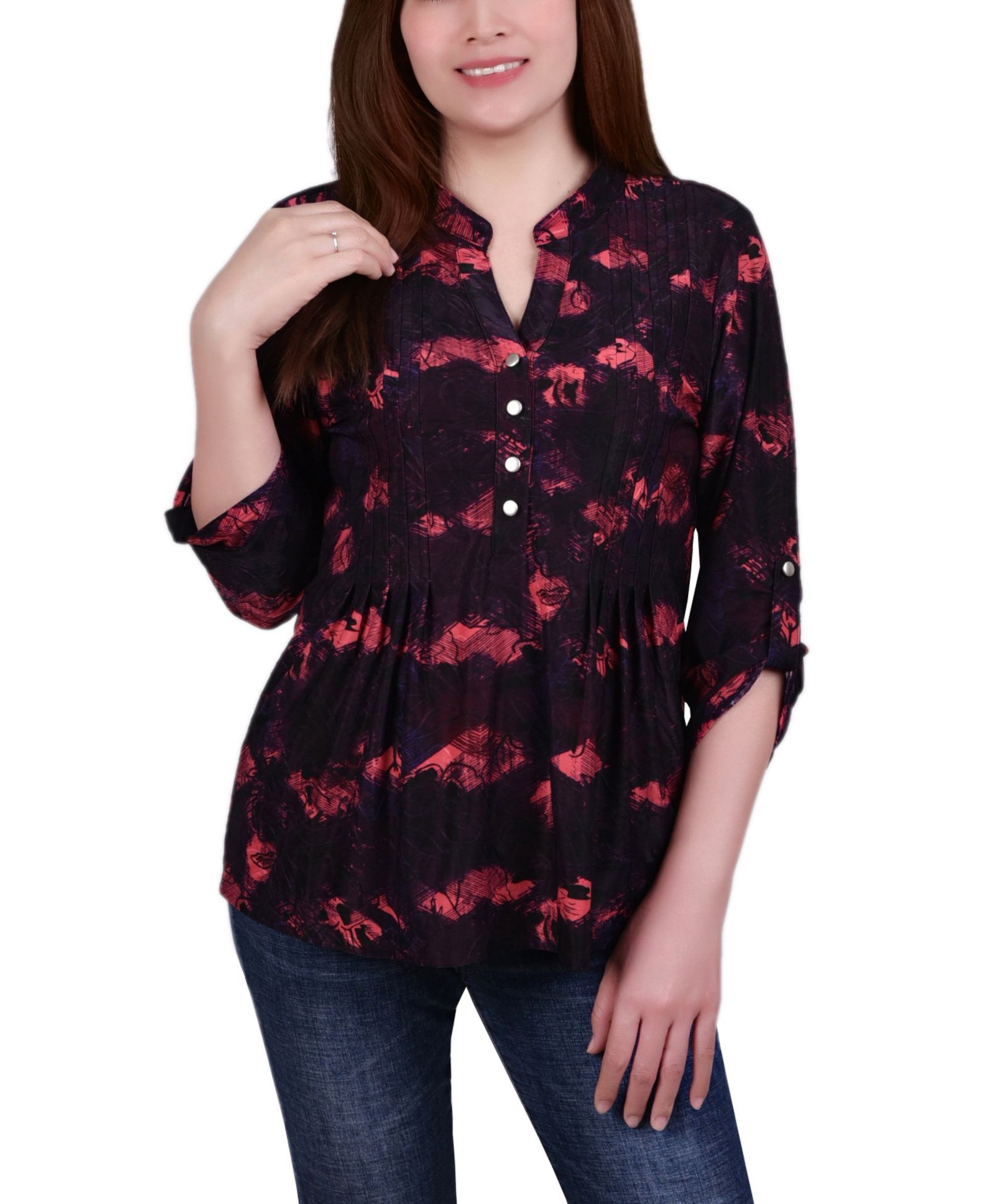 NY Collection Petite 3/4 Roll Tab Sleeve Printed Pintuck Top