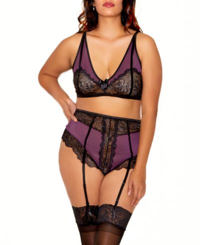 Комплект нижнего белья Ripley Plus Size: кружевной бралетт и трусики с поясом для подвязок, 2 части