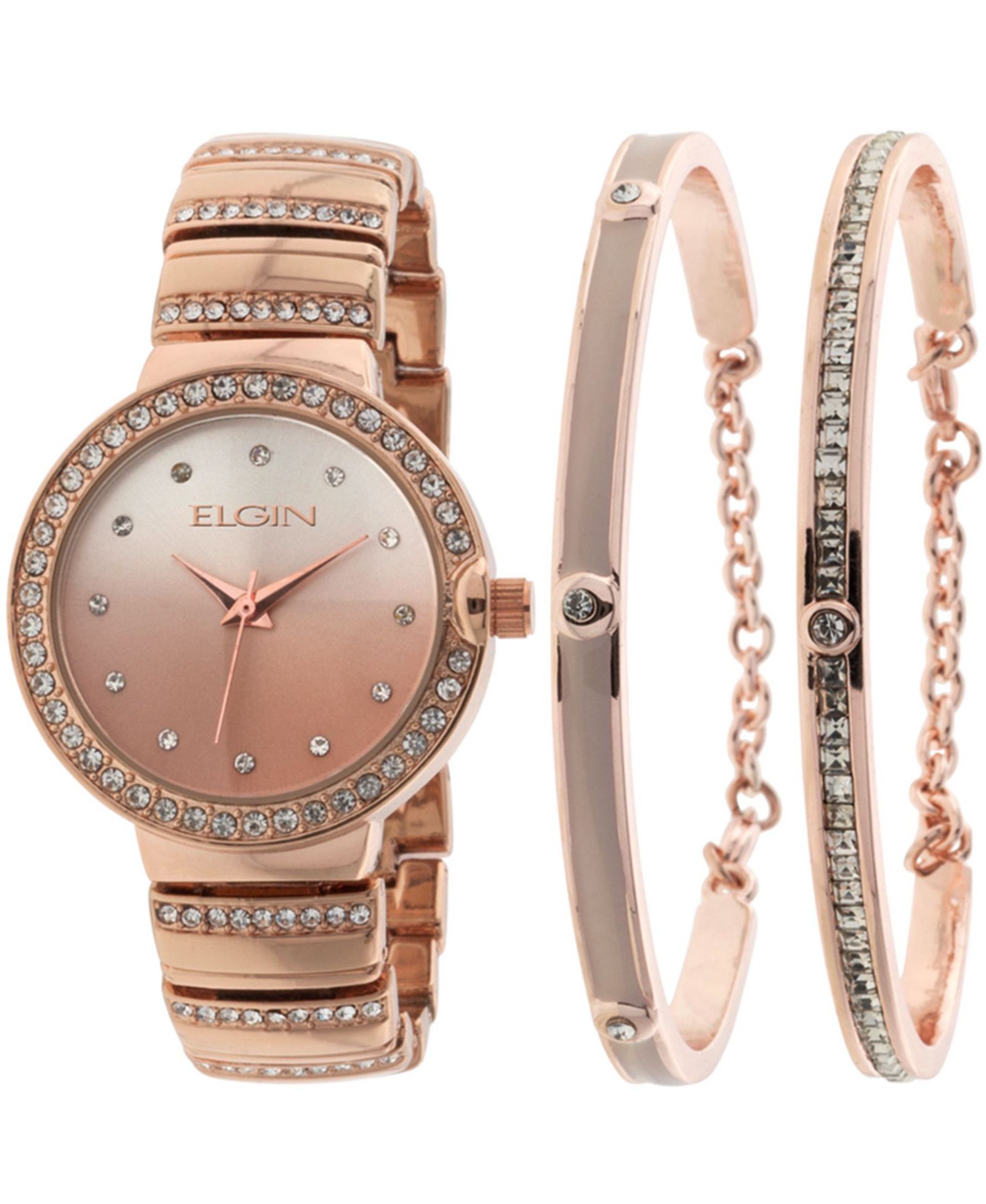 Elgin Women's 3 Piece Rose Gold-Tone Strap Watch and Bracelet Set