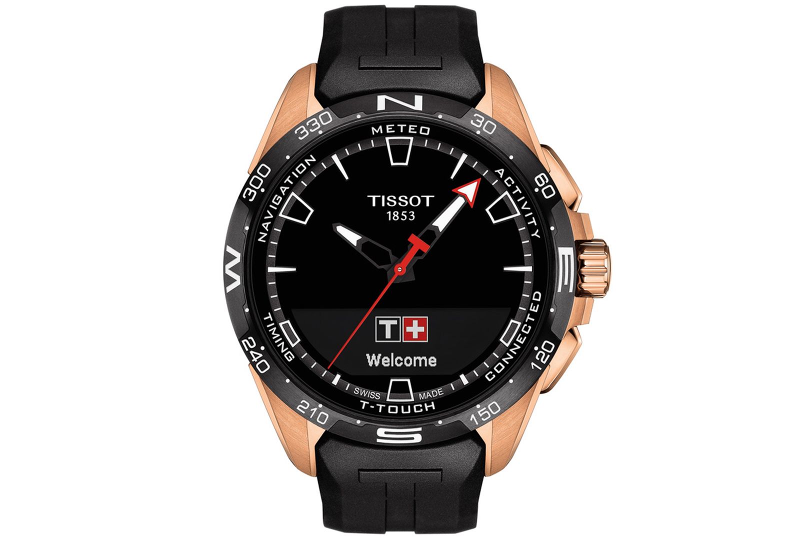 Мужские смарт-часы Tissot T-Touch Connect Solar, черный резиновый ремешок, швейцарские, 48mm