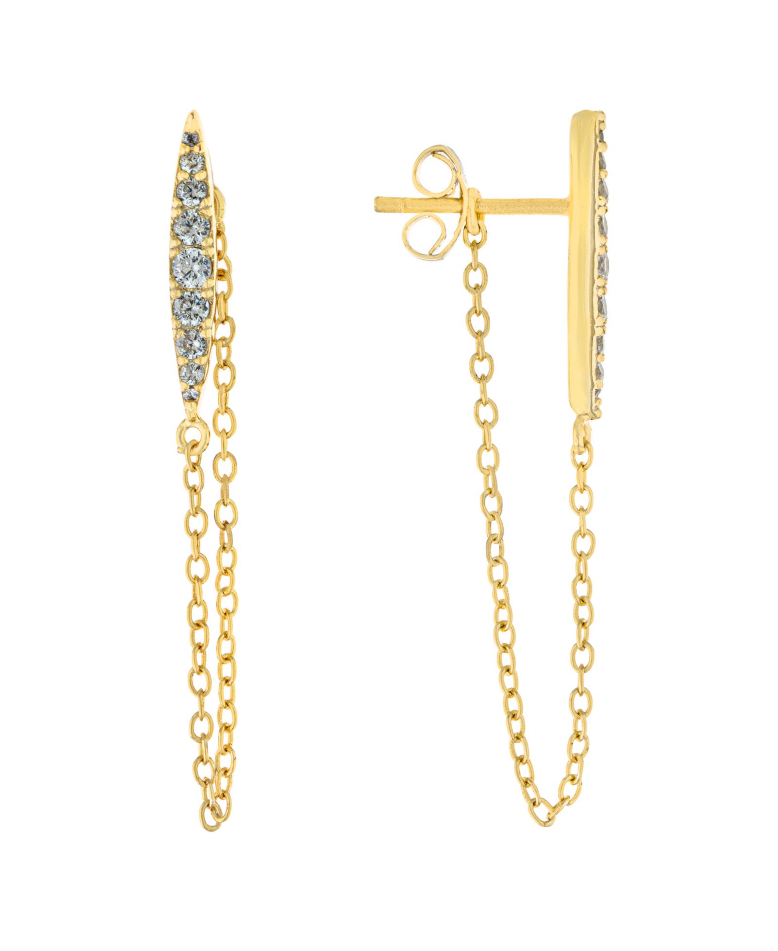 Cubic Zirconia Front Back Post Chain Earrings in Gold Over Sterling Silver