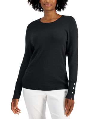 JM Collection Petite Button-Sleeve Crewneck Sweater, Created for Macy's