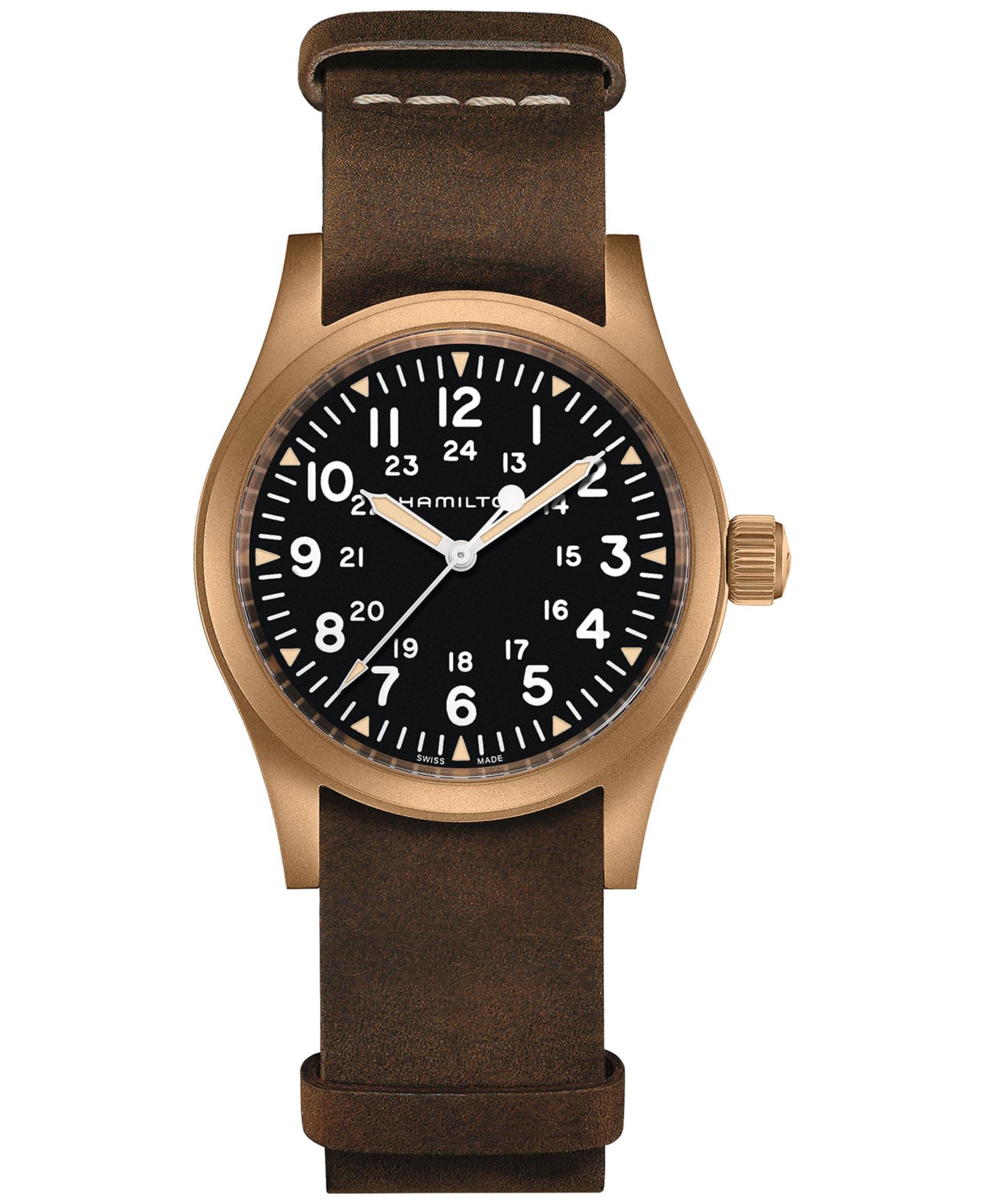Мужские часы Hamilton Swiss Mechanical Khaki Field с кожаным ремешком 38mm