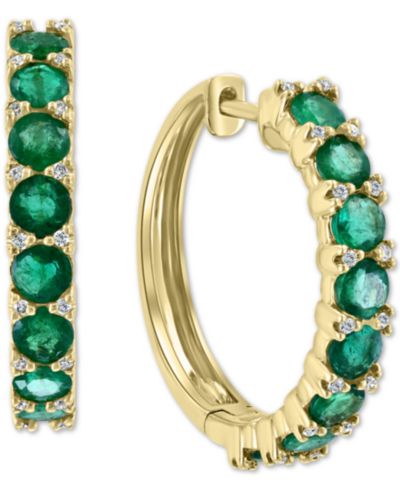 EFFY® Серьги-кольца с изумрудом (2-3/4 ct. t.w.) и бриллиантами (1/6 ct. t.w.) в золоте 14k