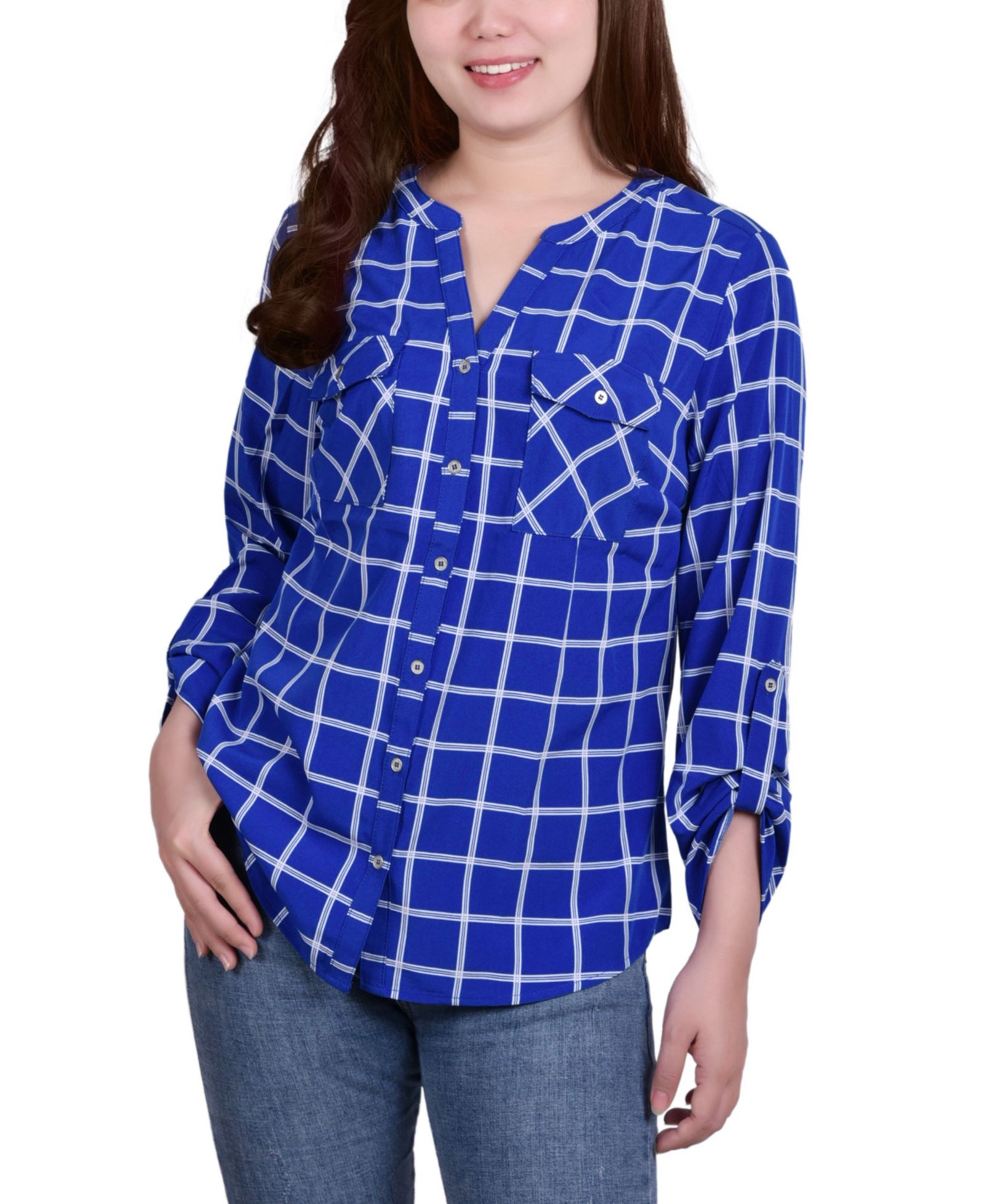 NY Collection Women's 3/4 Roll Tab Sleeve Mandarin Collar Blouse