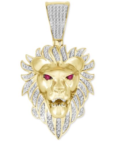 Мужской кулон с львом с бриллиантами (1/5 ct. t.w.) и рубинами в 10k Gold