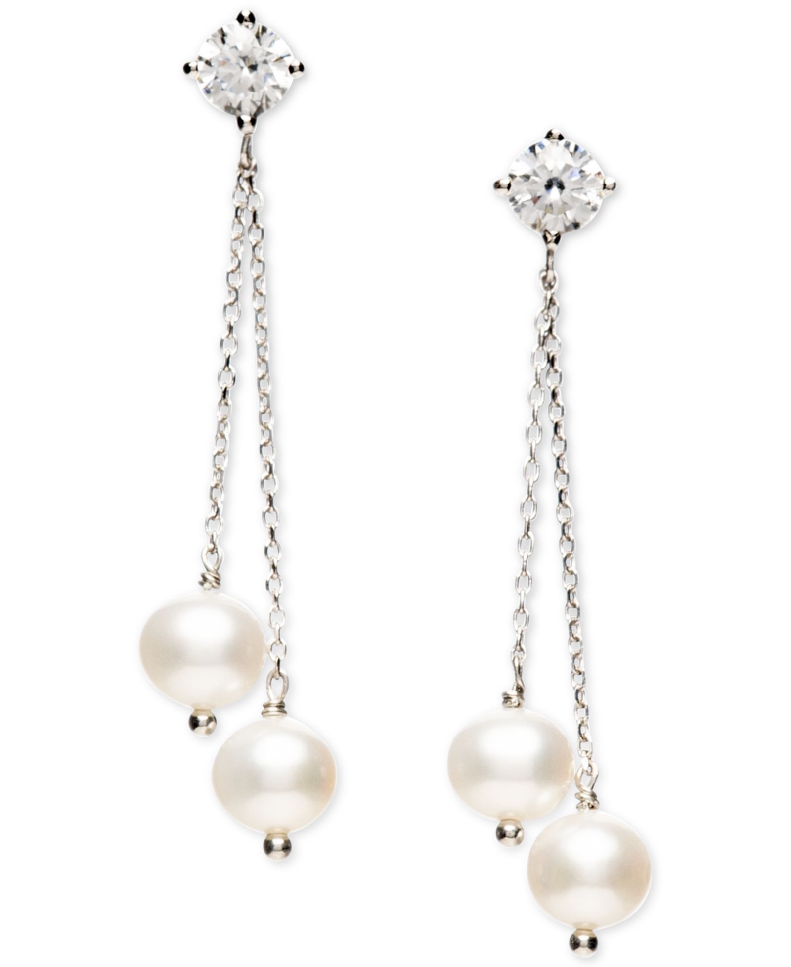 Cultured Freshwater Pearl (6-6-1/2mm) & Cubic Zirconia Double Chain Drop Earrings in Sterling Silver (Also in 18kt Gold over Sterling Silver)