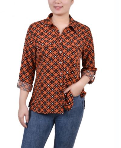 Блузка Petite 3/4 Sleeve Roll Tab Notch Collar