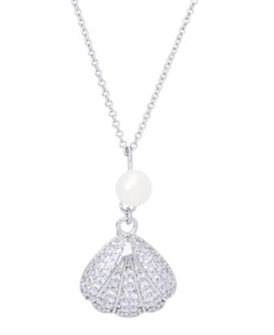 Подвеска-ракушка с натуральным речным жемчугом и фианитами Cubic Zirconia 18" в серебряном напылении