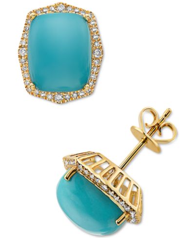EFFY® серьги-гвоздики с бирюзой (10x8mm) и бриллиантом (1/4 ct. t.w.) в 14k золоте
