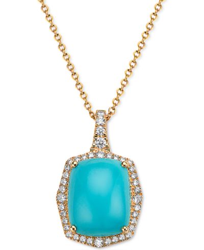 EFFY® Turquoise & Diamond (1/4 ct. t.w.) Halo 18" Pendant Necklace in 14k Gold