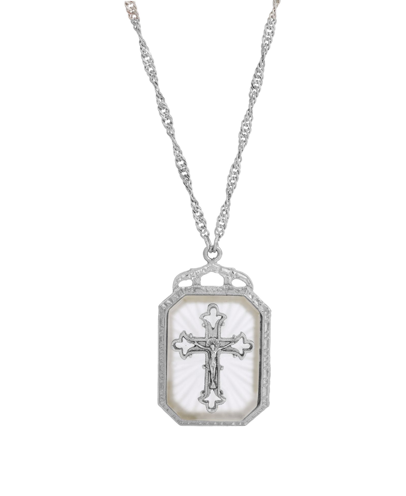 Silver-Tone Frosted Stone with Crystal Cross Large Pendant Necklace