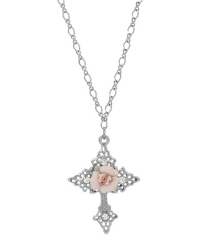 Подвеска-кулон Silver-Tone Crystal Porcelain Rose Cross