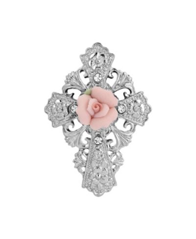 Значок Symbols of Faith Silver-Tone Pink Porcelain Rose Cross