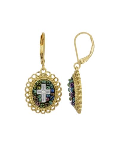 14K Gold Dipped Carded Multi Color Beaded Crystal Cross Euro Wire Earring